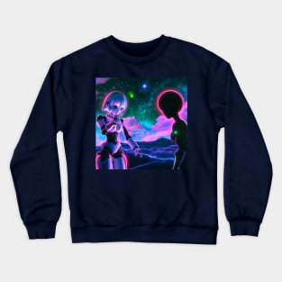 Anime Girl Robot with Alien Crewneck Sweatshirt